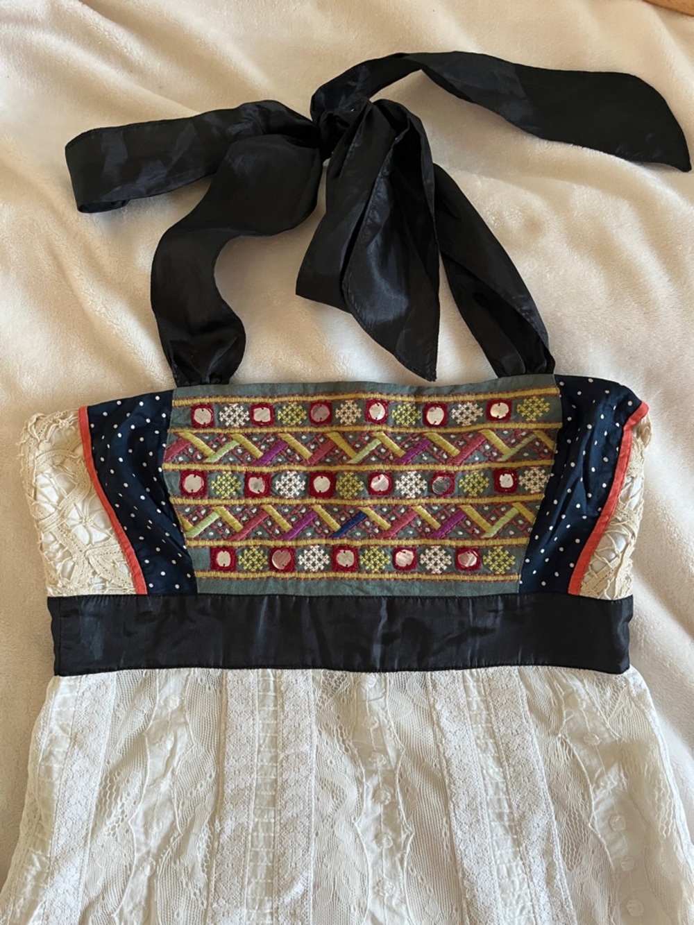 Anthropologie Zehavale Embroidered Halter Dress with Black Ribbon Tie